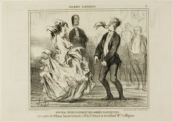 New Entertainment at the Parisian Evening Parties. The spirit of Mr. Hume shaving the beard of Monsieur de St. Potard and undoing the hair of Madame Coffignon, plate 8 from Ces Bons Parisiens