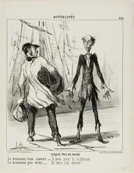 Sketches From Le Havre. The well dressed gentleman: "- I am leaving for California." The poorly dressed gentleman: "- That