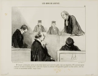The defense compliments the talent of the prosecution, while the Attorney General admires the eloquence of the defense. The judge applauds both of them and everybody is satisfied, except the accused, plate 16 from Les Gens De Justice