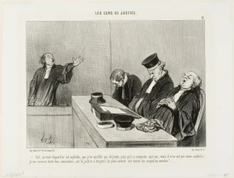 Yes, they would plunder this orphan, whom I cannot necessarily describe as being young, since he is fifty-seven years old...I am, reassured knowing that justice always keeps an open eye on all guilty maneuvers!, plate 11 from Les Gens De Justice
