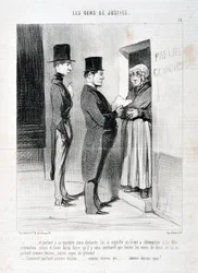 Artwork by Honore Daumier (1808-1879). Charivari dates from 1845: Serie LES PEANS DE JUSTICE -... and speaking at his doorway so declared, has meant to him that he had to obey the said summation, otherwise and failing to do so that he will be forced to