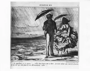 At the sea baths: Parisians by the sea in a pouring rain - by Daumier, in 