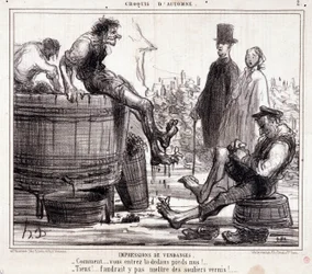 Cartoon about harvesters trampling on barefoot grapes, from the series 