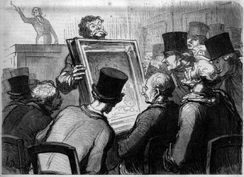 Painting Lovers at Hotel Bouillon. Cartoon by Honore Daumier. Engraving in "Le Monde Illustré" No. 250 of January 25