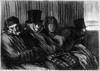 Pleasure Trains: 10 Degrees of Boredom and Bad Mood. Cartoon by Honore Daumier. Engraving in Le Monde Illustré n°249 of January 18