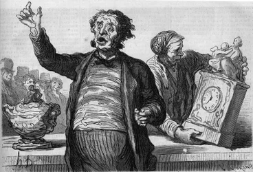 The hotel of auctioneers: the public crier. Cartoon by Honore Daumier (1808-1879). Engraving in "Le Monde Illustré" n°551 of January 2