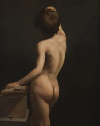 Academic study of adolescent boy, seen from behind