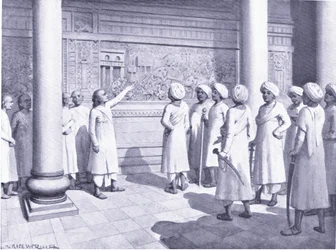Rajaraja Chola Inspects the Bas-Relief of His Exploits at Tanjure 995 AD