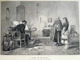 Two Irish women bring a present to a religious. Engraving by H. Werdmuller after the painting of H. Helmick in the 19th century