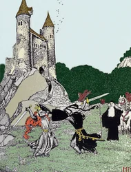 Battle between King Arthur and the black knight in the presence of Merlin the enchanter (Illustration by Howard Pyle)