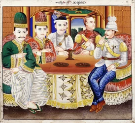 King Thibaw with dignitaries and a British officer