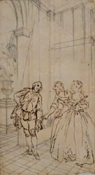 Literary Illustration with Gentleman and Two Ladies in Interior