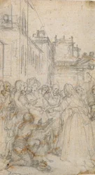Literary Illustration with Group of Figures Pleading with Man