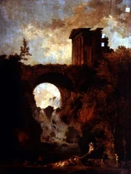 A Capriccio of a Ruined Temple by a Bridge over a Cascade with a See-saw Party