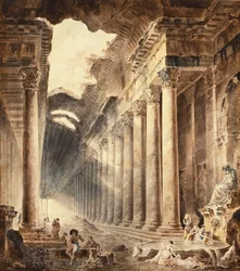 A Colonnaded Thermal Building, the Roof Partly Open to the Sky, with Girls Washing Clothes at a Fountain Below a Statue