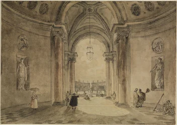 View through the atrium of the casino towards the garden parterre of the Villa Albani