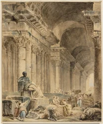 Vaulted colonnade with an antique seated statue