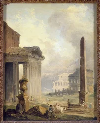 Roman Ruins, the Forum with the Colosseum and the Obelisk