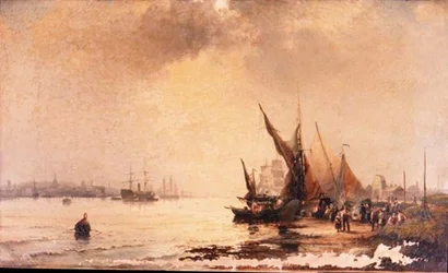 Fisherfolk on the Shore in a Calm Estuary Scene at Daybreak