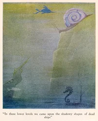 "In these lower levels we came upon the shadowy shapes of dead ships" illustration from The Voyages of Doctor Dolittle