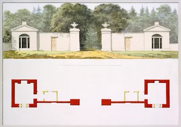 Elevation and ground plans of proposed new entrance gateway and lodges, from the Red Book for Antony House, c.1812