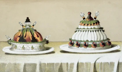 Design for the Presentation of Chicken Stuffed with Foie Gras and Pheasant Breasts Cooked in the Berthold Manner, Illustration from a Hungarian Cookery Book on French Cooking, c.1880