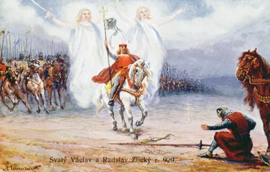 Duke of Kourim surrendering to Saint Wenceslaus after seeing two angels accompanying the saint