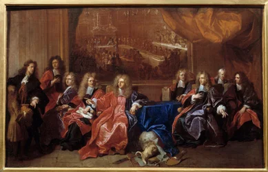 The prevot and the echevins of the city of Paris deliberating on the commemoration of the dinner offered to Louis XIV at the Hotel de Ville after his war in 1687