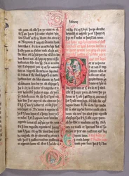 Historiated initial P depicting two tradesmen, from the beginning of the section on trade, from Skarosbok (The Book of Skard), c.1350