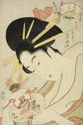The Courtesan Hanahito of the Ogiya and Attendants Sakura and Momiji, from the Series Beauties of the Five Festivals