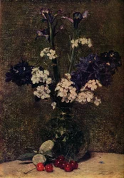 Vase of Flowers with Cherries and Almonds on the Table