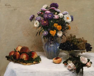White Roses and Chrysanthemums in a Vase - Peaches and Grapes on a Table with a White Tablecloth, 1876