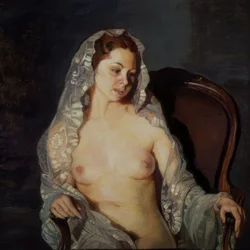 Nude Woman Sitting with Transparent Mantilla – 20th Century