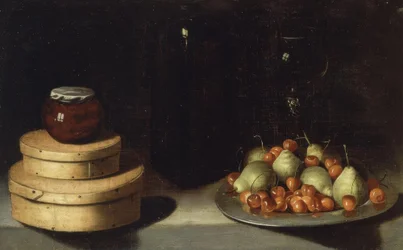 Still Life (Tray with Cherries and Pears, Boxes, and Honey Jar)