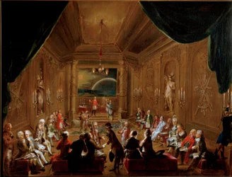Meeting in Vienna of the Masonic Lodge Zur gekrönten Hoffnung in 1790. Wolfgang Amadeus Mozart (1756-1791) sits at right in the foreground. Painting by Ignaz Unterberger. Historisches Museum der Stadt Wien