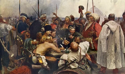 The answer of the Zaporogues Cossacks to Sultan Mehmet IV from Turkey, Engraving of the 19th century after a painting by Ilya Repine