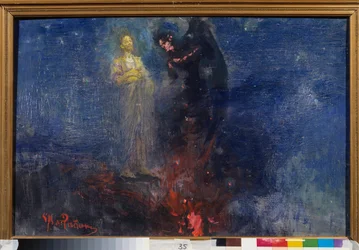 Get thee hence, Satan! (Jesus Christ repels the devil in a nocturnal landscape). Painting by Ilya Repin (Ilia Repine) (1844-1930), oil on canvas, after 1850. Russian art
