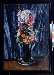 Bunch of Flowers in a Black Jug on the Blue Background