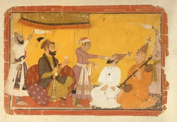 Gosain Narayan Takes Poison in the Presence of Emperor Jahangir, Nurpur, Pahari School