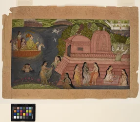 A Raja hawking from a boat comes upon bathing beauties by a temple, c.1695