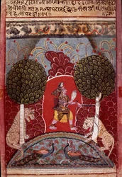 A cobra snake is captured in a forest populated with animals. Miniature of the school of Malwa around 1680