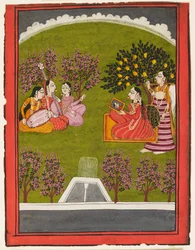 A Lady Seated with a Mirror in a Garden, with a Maid and Three Musicians, c.1909
