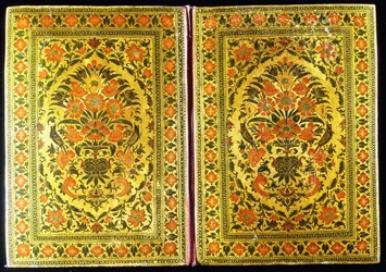 A pair of lacquer bookcovers decorated with a floral design, with a flower vase and finches at the centre, 18th century