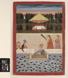 A prince and princess play with sparklers by a lotus pool, c.1760