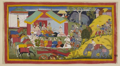 Bharata and his followers have reached the capital of the Nishada Kingdom. In their encampment on the bank of the Ganga, Bharata, his brother and ministers are seated in durbar in front of their tent. The Nishada king Guha comes with