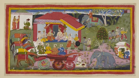 In an encampment scene, Guha the Nishadaking is introduced into the meeting of the princes, Brahmins and ministers. The horses, unyoked from the chariots, stand in a line tethered and hobbled, while a mahout prepares powder for the elephants.