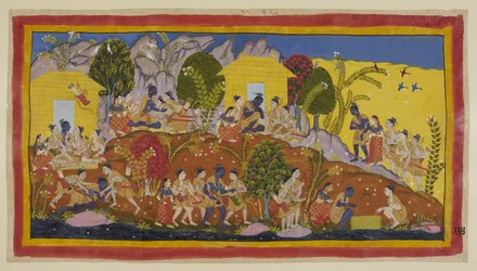 At the top in the centre, Bharata and Shatrughna throw themselves at the feet of Rama, who embraces his younger brothers and smells their heads