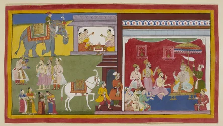Dasaratha, enthroned in durbar, tells the Brahmins Vasistha and Vamadeva and his minister Sumantra of his intention to resign his throne to Rama as regent; on the left, these three summon Rama and Laksmana. Above, four Brahmins begin