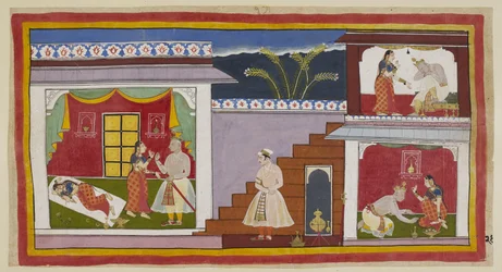 Kaikeyi is first seen on the left sleeping dishevelled, as in the previous picture, and then rises from her bed to persuade her husband to grant her the two boons that Dasaratha had earlier promised her. On the right, Dasaratha is firs