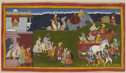 The four brothers embrace outside the palace, with women looking down from a shuttered jharokha window supported by curving serpentine brackets